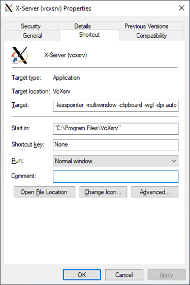 X-Server (vcxsrc) Properties